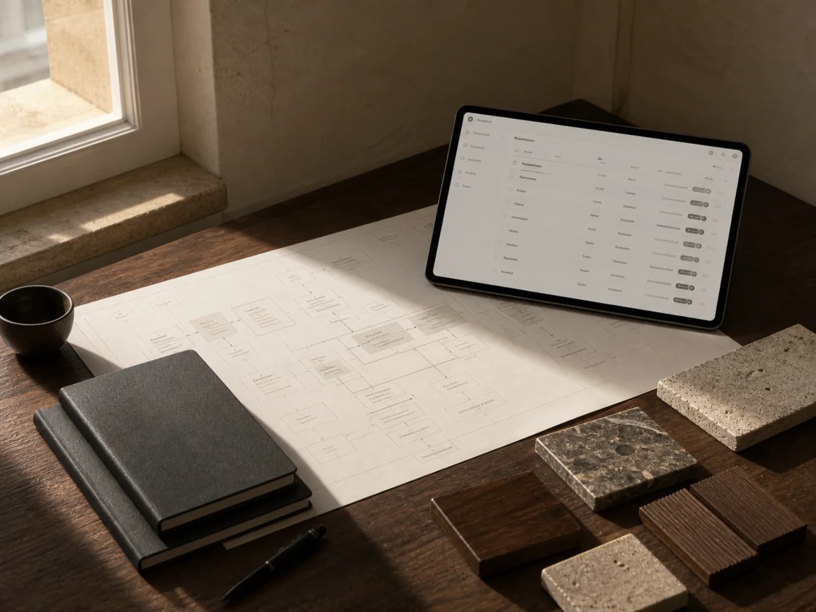 Workflow plans, a tablet, notebooks and material samples on a studio desk