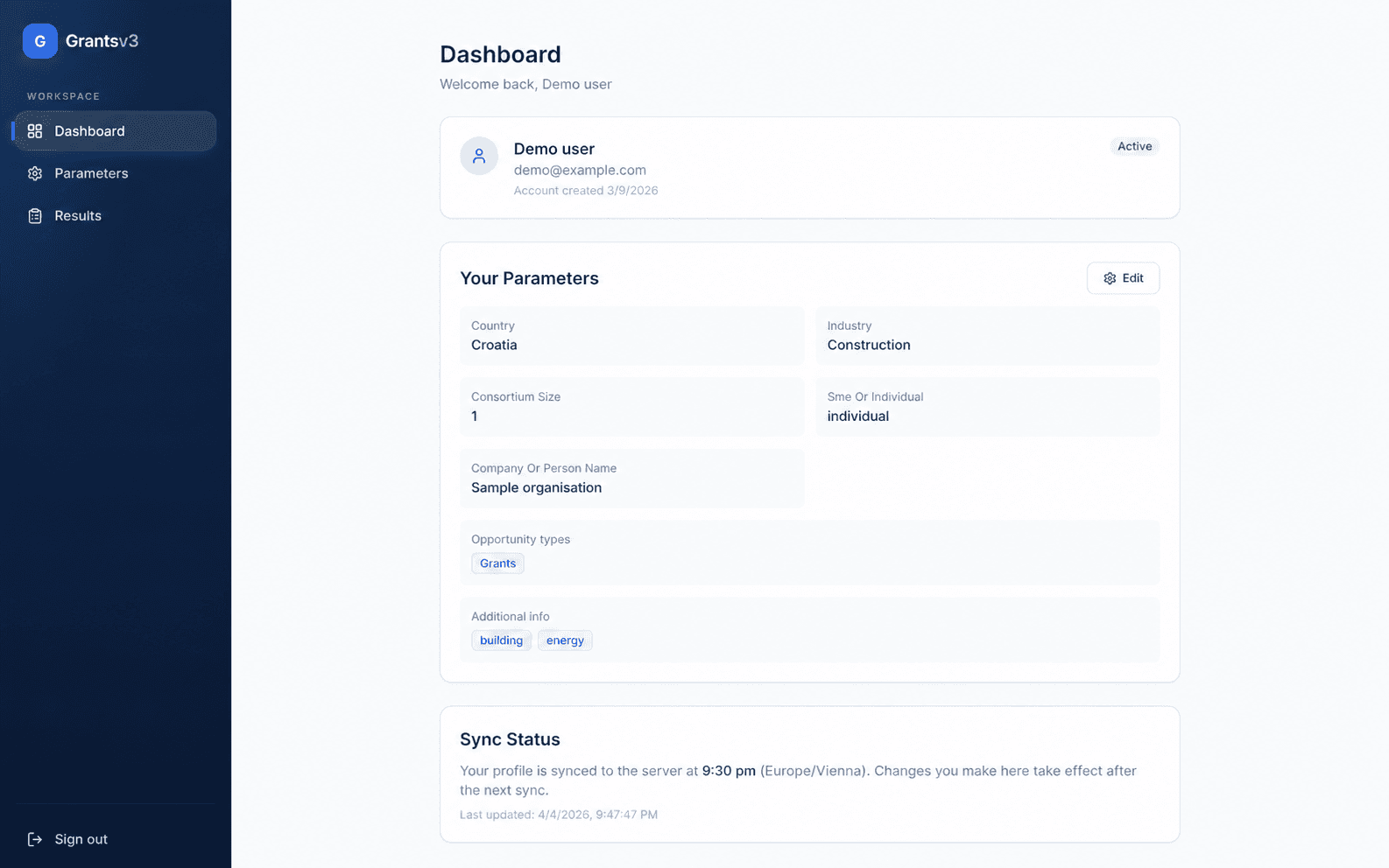 Scout dashboard with anonymised demonstration data