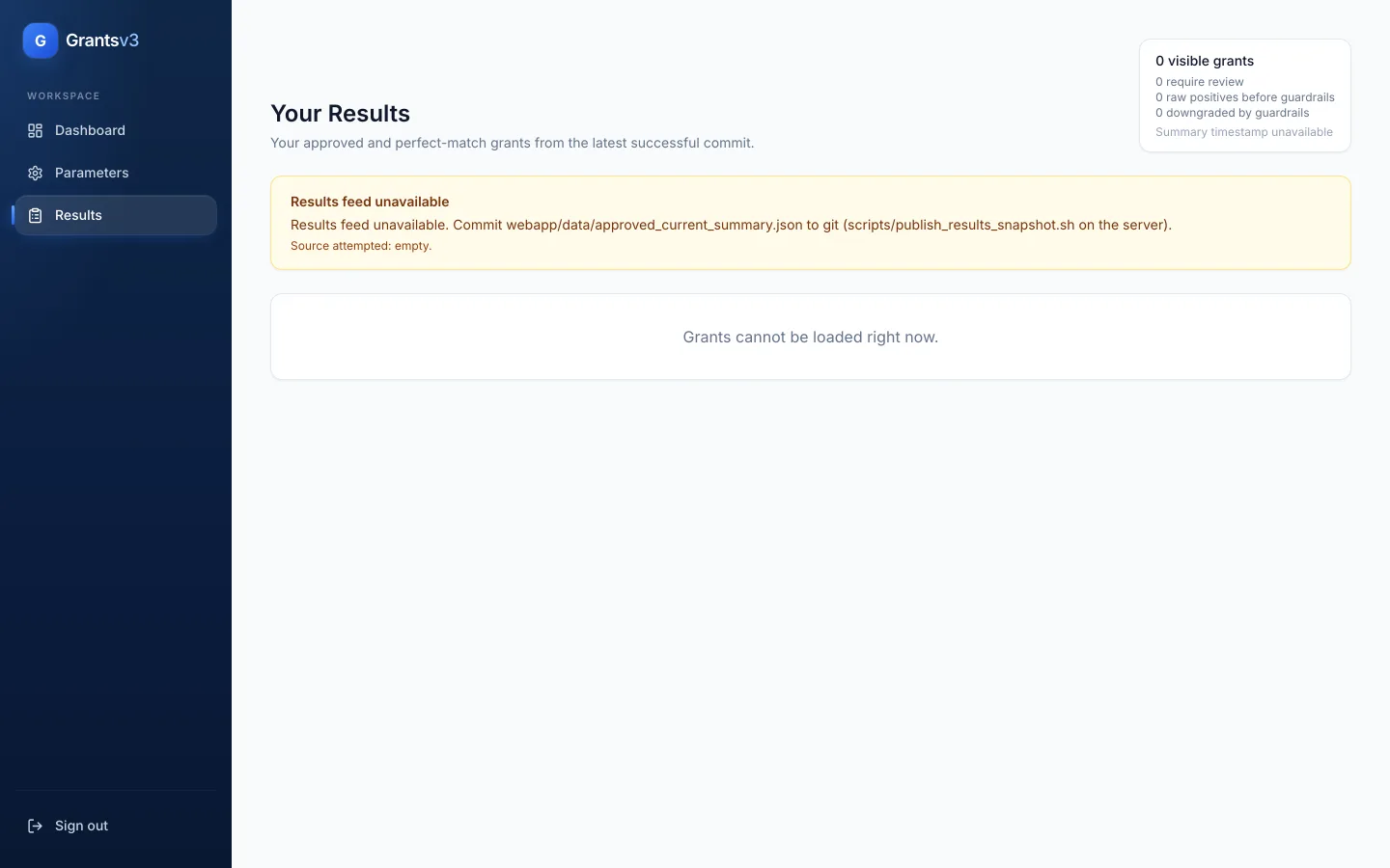 HATT Scout Results workspace clearly showing that the results feed is unavailable