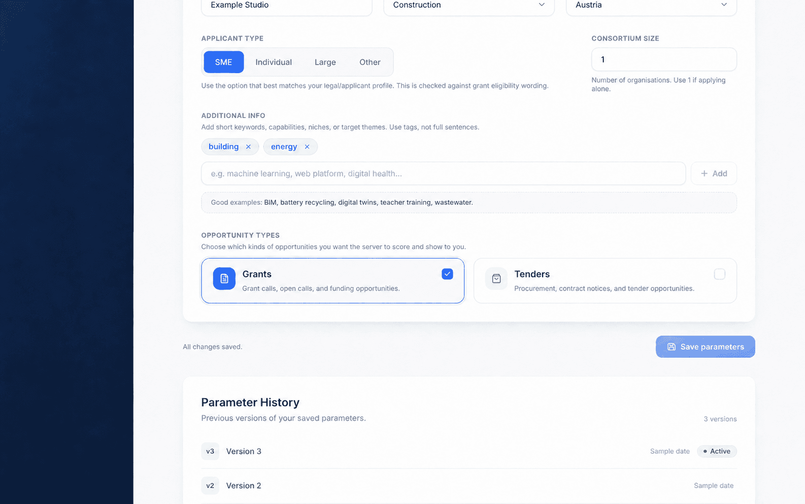 HATT Scout Parameter History showing saved versions, timestamps and the active version