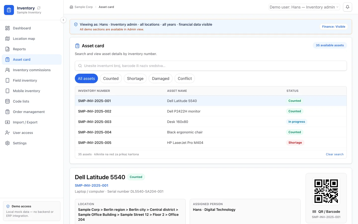 Asset Inventory sample-data interface showing an asset table and a Dell Latitude 5540 record with location, responsible person and QR code.