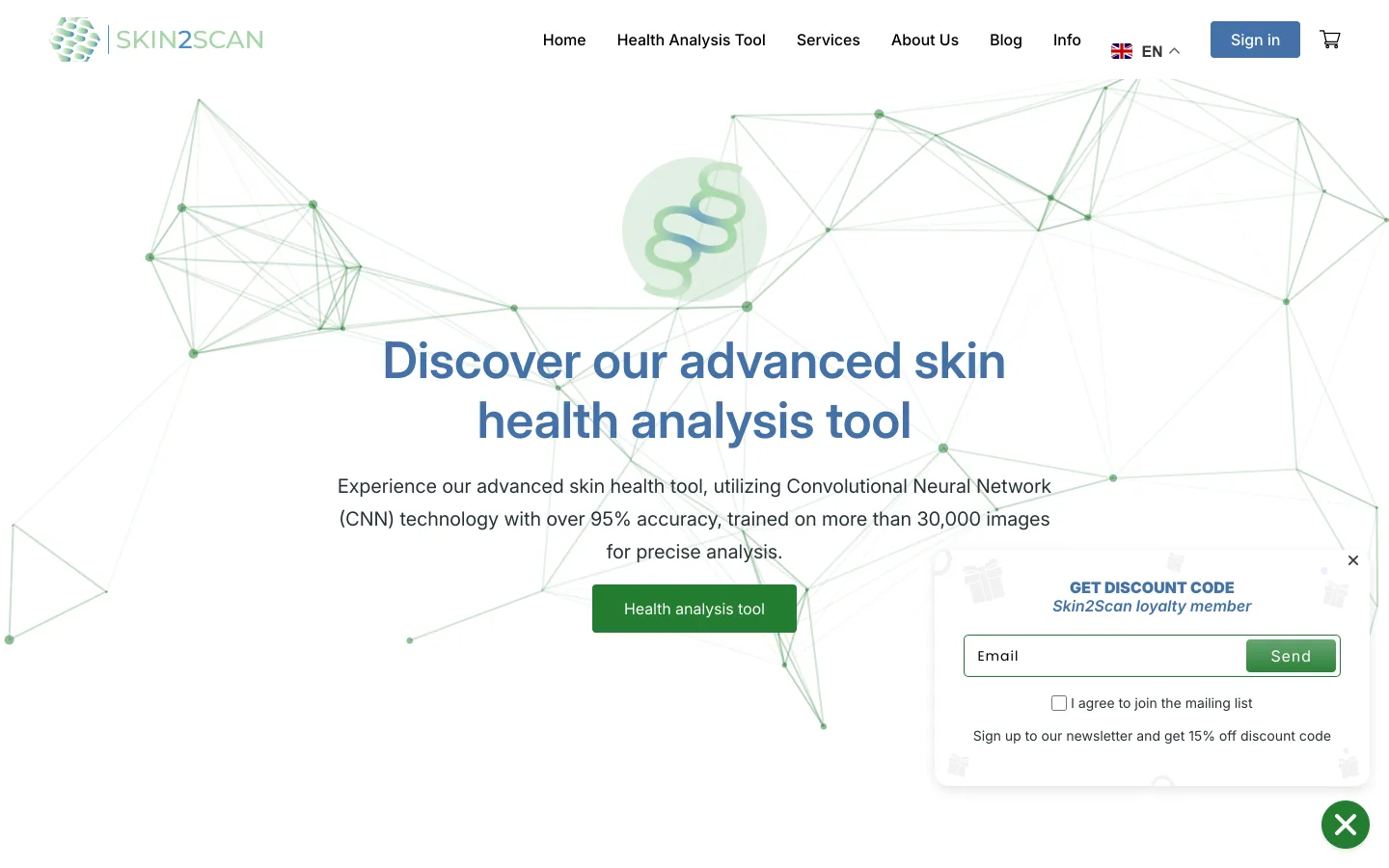 Original public SkinToScan website header and hero, showing navigation and the skin health analysis tool introduction.