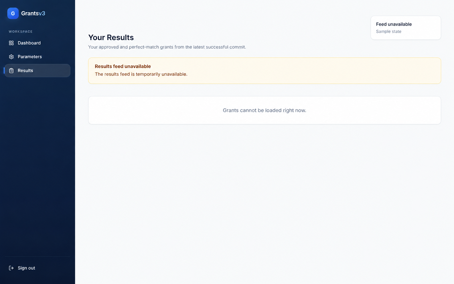 Sanitized Scout Results interface clearly showing that the feed is unavailable and grants cannot be loaded, without internal paths or successful-search results.